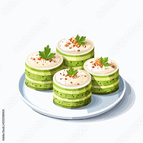 A plate of four delicate layered green canapés with a creamy mousse, topped with crushed nuts and fresh parsley.