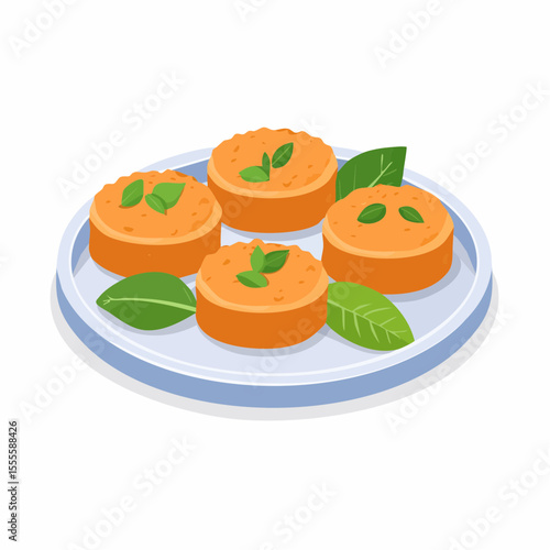 A platter of four gourmet savory tarts or patties garnished with fresh basil leaves. A healthy meal or appetizer concept illustration.