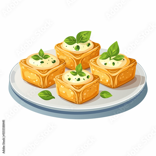 Gourmet appetizers of savory pastry tarts with a creamy cheese filling and fresh basil leaves, elegantly served on a white plate. Isolated vector illustration.