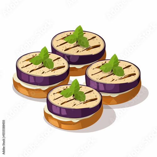A delightful set of four vegetarian bruschetta appetizers with grilled eggplant, creamy spread, and fresh basil leaves.
