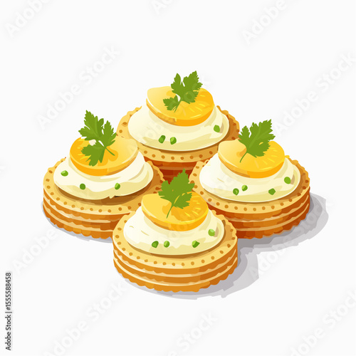 Gourmet appetizer canapés with egg and cream on savory crackers. Elegant vector concept for party food and catering.