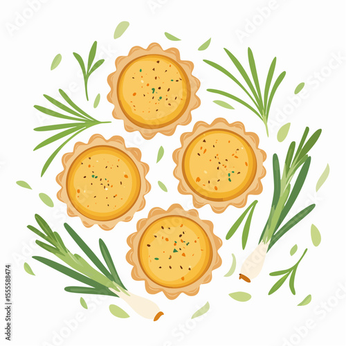 A flat lay illustration of freshly baked savory pastries, garnished with aromatic herbs like rosemary and scallions.