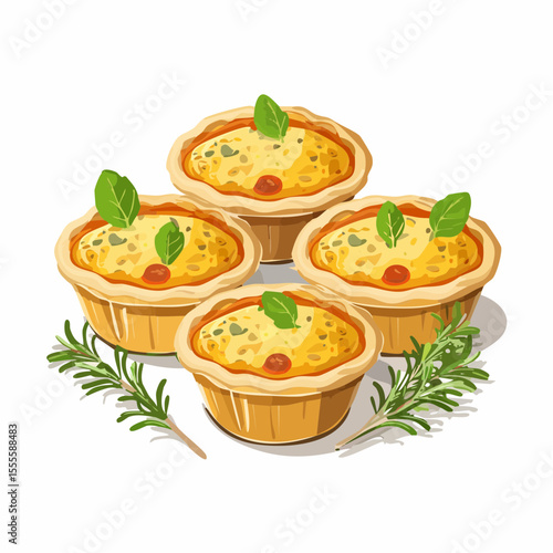 A delightful illustration of four individual mini quiches with a golden crust, garnished with fresh basil and rosemary