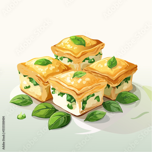A delectable stack of golden savory pastries filled with spinach and cheese, garnished with fresh basil leaves. An illustration of a gourmet appetizer.