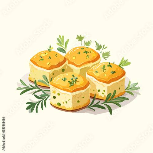 Golden baked savory herb biscuits or focaccia squares garnished with fresh rosemary and thyme. A delicious appetizer illustration.