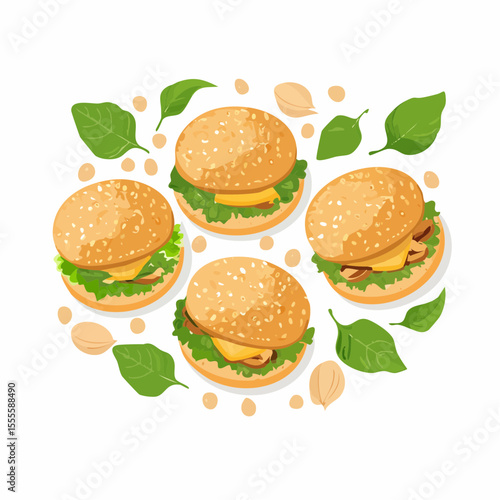 Top view illustration of a delicious set of cheeseburgers with fresh spinach leaves and nuts in a circular composition.