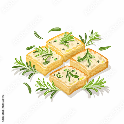 Artistic illustration of grilled tofu cubes with fresh rosemary garnish, a healthy vegan appetizer concept isolated on a white background.
