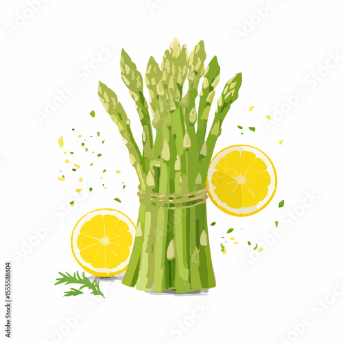 Vibrant illustration of a fresh bunch of green asparagus tied with twine, paired with zesty lemon slices and herbs, representing healthy gourmet cooking.