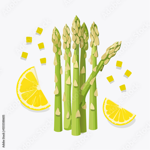 A culinary illustration of fresh green asparagus spears paired with bright lemon slices, a healthy cooking concept