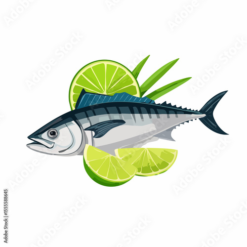 Seafood concept with fresh Atlantic mackerel fish, citrus lime, and herbs isolated on a white background.