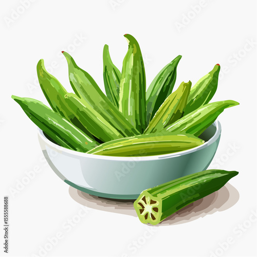 Vibrant illustration of a bowl filled with fresh green okra pods. A healthy, nutritious vegetable with one pod sliced, isolated on a white background.