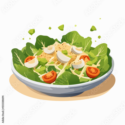 A healthy bowl of fresh green salad with hard-boiled eggs, cherry tomatoes, and grated cheese, a nutritious meal concept.
