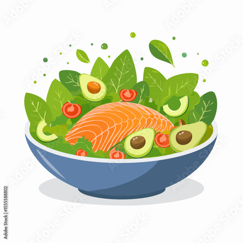 Nutritious bowl of fresh salmon salad with avocado, cherry tomatoes, and spinach. Concept of a healthy diet and balanced meal.