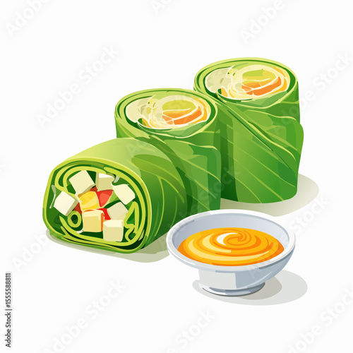 Vector illustration of fresh vegan spring rolls with tofu and vegetables, a healthy and delicious appetizer concept.