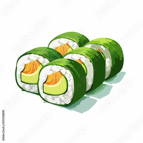 A delicious set of six fresh maki sushi rolls with salmon and avocado. Vector illustration of Japanese seafood cuisine isolated on white.