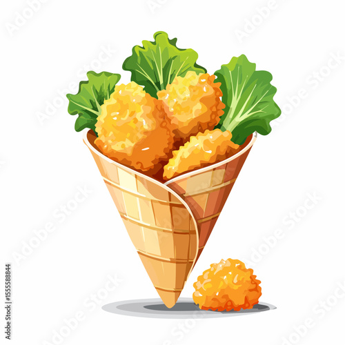 Delicious crispy golden fried chicken nuggets served in a paper cone with fresh lettuce, an appetizer or street food snack.