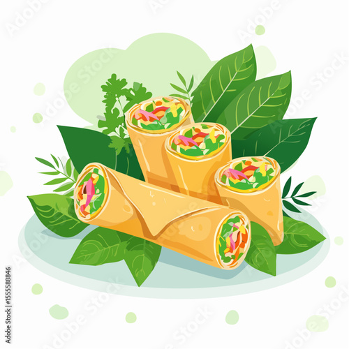 Vector illustration of fresh Asian spring rolls with vegetable filling and herbs. Concept for healthy, tasty appetizer or vegetarian snack.