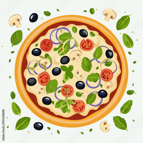 Top-down vector illustration of a fresh vegetarian pizza with black olives, tomatoes, and mushrooms surrounded by ingredients.