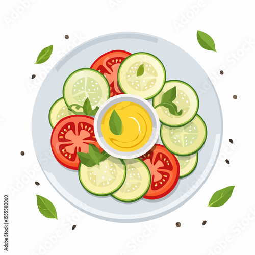 Top view of a fresh vegetable salad with sliced tomatoes and cucumbers, served with a mustard dressing and basil on a white plate.