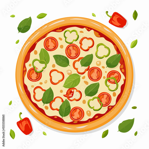 Freshly baked vegetarian pizza with delicious toppings of tomato, pepper, and basil. A concept of Italian cuisine and healthy eating.