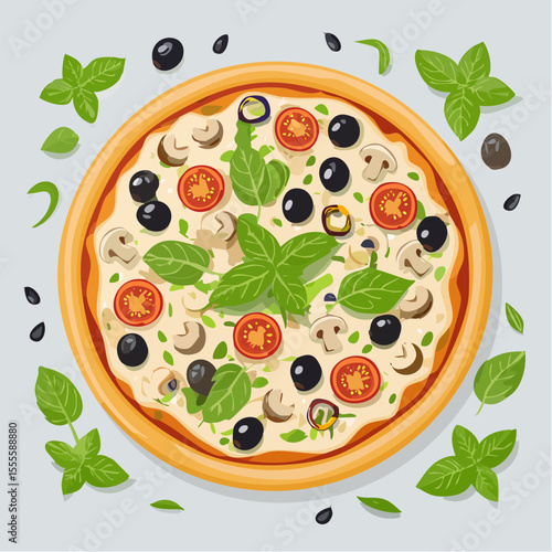 Top view of a fresh vegetarian pizza with mushrooms, black olives, cherry tomatoes, and basil leaves on a light background. Flat vector illustration.