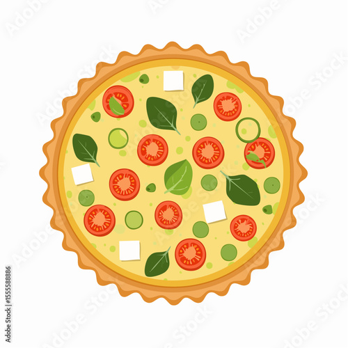 Top view of a delicious homemade quiche with fresh tomatoes, spinach, and cheese. Vector illustration of a savory tart on a white background.