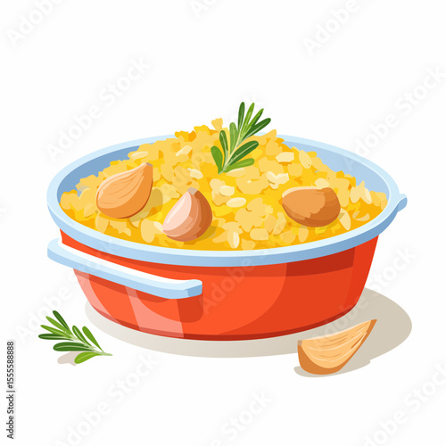 A delicious bowl of savory rice pilaf with aromatic garlic cloves and fresh rosemary, a concept for homemade cooking.