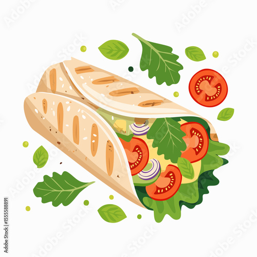 Vector illustration of a delicious grilled tortilla wrap filled with fresh salad, tomatoes, and onions. Healthy street food concept.
