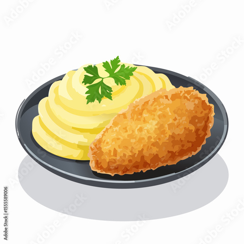 A delicious meal of crispy breaded chicken cutlet and creamy mashed potatoes with fresh parsley garnish on a dark plate, isolated illustration.