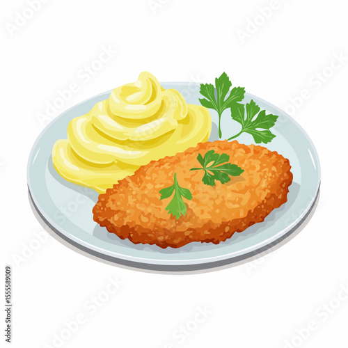 A classic comfort food meal of a golden breaded cutlet served with a side of creamy mashed potatoes and garnished with fresh parsley.
