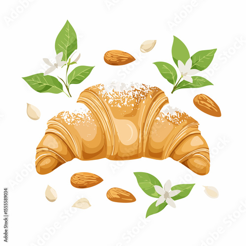 Delicious almond croissant pastry illustration with powdered sugar, nuts, and fresh blossom decoration.