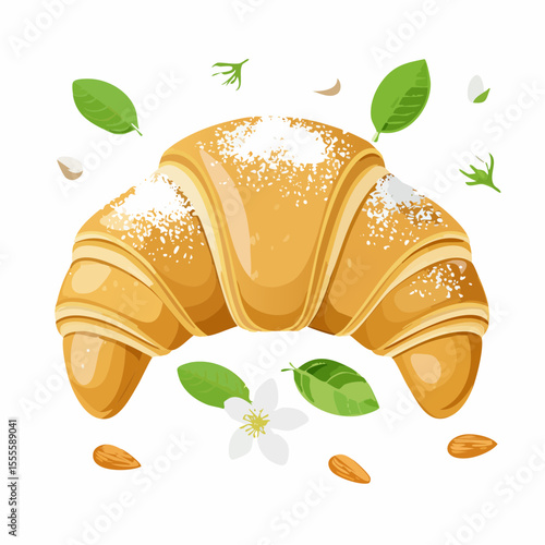 Sweet almond croissant with powdered sugar, a classic French pastry for breakfast, decorated with fresh leaves and blossoms. Vector illustration.