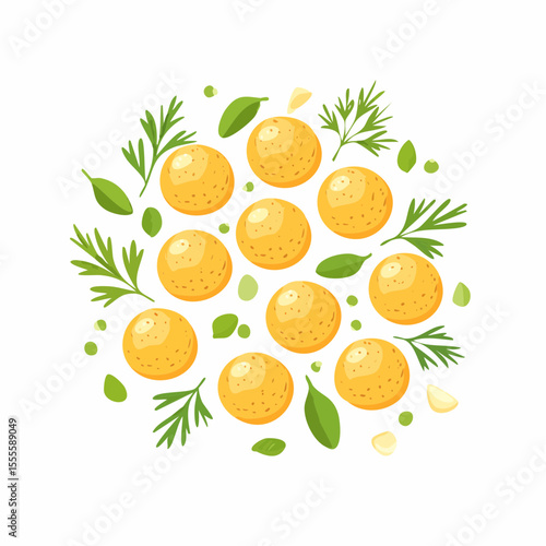 A circular composition of delicious falafel balls with fresh green herbs and spices like rosemary, basil, and garlic. A concept for healthy vegetarian cuisine.