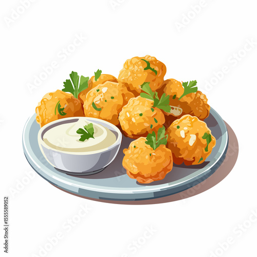 A savory plate of crispy fried cauliflower bites with a creamy dipping sauce, a tasty vegetarian appetizer concept.