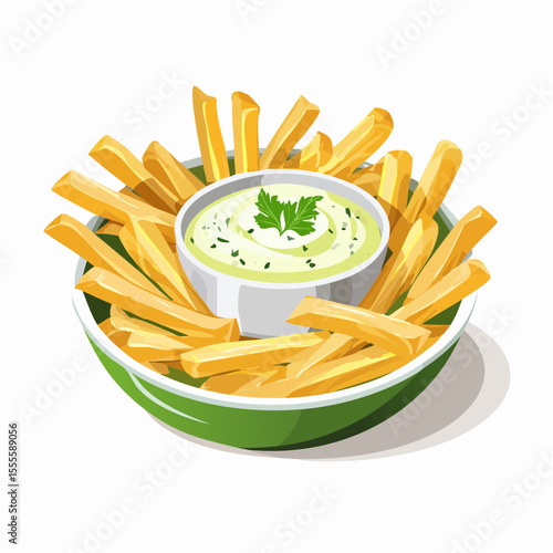 Crispy golden french fries in a green bowl with a creamy mayonnaise dipping sauce, a classic appetizer.