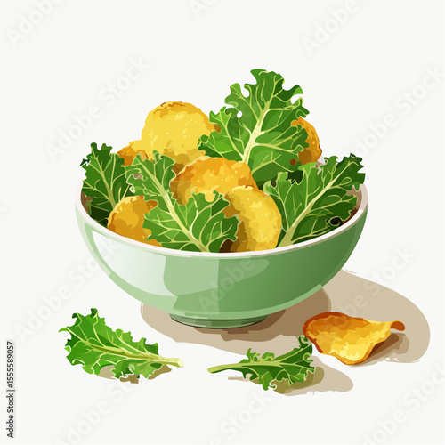 A fresh bowl of crispy golden bites with vibrant green kale leaves, a healthy and delicious appetizer concept.