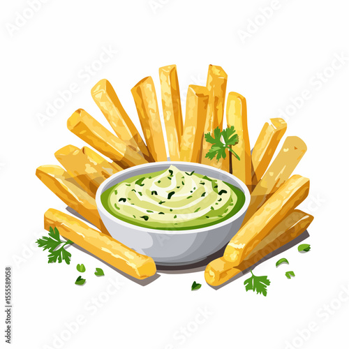 Crispy golden french fries served with a creamy green herb dipping sauce. A delicious appetizer or tasty snack illustration on a white background.
