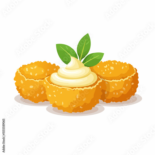 Crispy golden fried cheese balls or potato croquettes with a creamy sauce and fresh basil, a delicious savory appetizer snack.