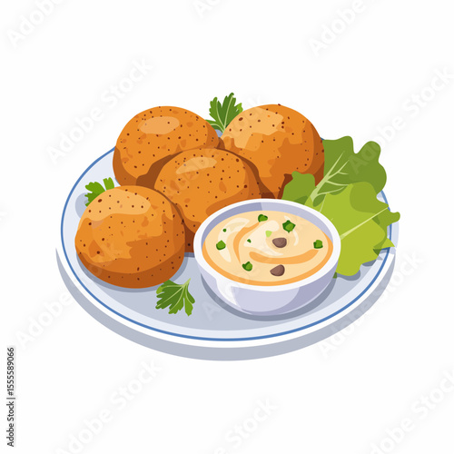 Gourmet serving of traditional Middle Eastern falafel, crispy chickpea balls with tahini sauce and lettuce on a plate.
