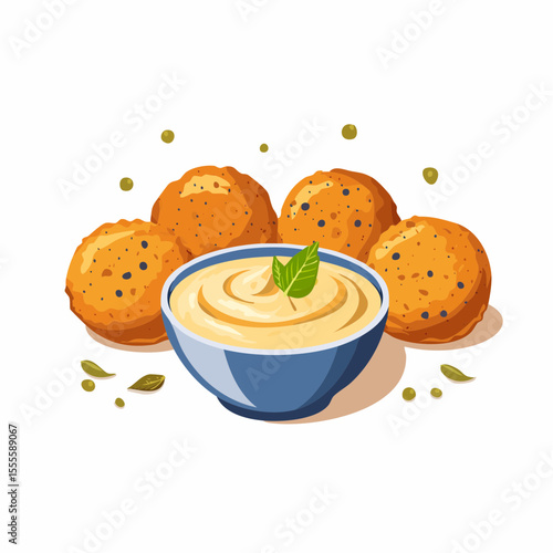 Crispy fried falafel balls served with a creamy dipping sauce and fresh mint. A traditional Middle Eastern vegetarian appetizer illustration.