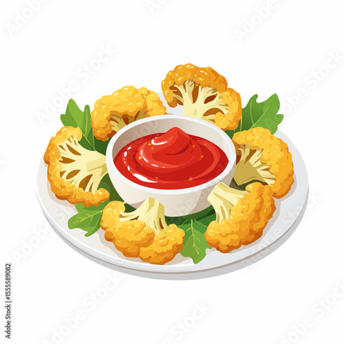 A plate of crispy fried cauliflower nuggets with a bowl of ketchup dip, a healthy vegan appetizer