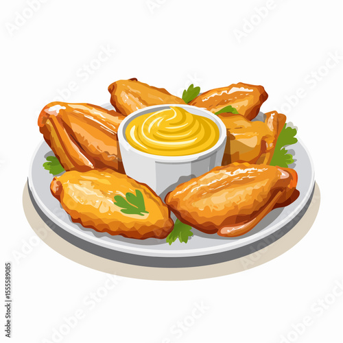 Crispy golden brown chicken wings appetizer on a plate with a bowl of mustard dipping sauce and fresh parsley garnish.