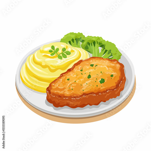 A classic dinner plate featuring a golden breaded cutlet served with creamy mashed potatoes and fresh broccoli.