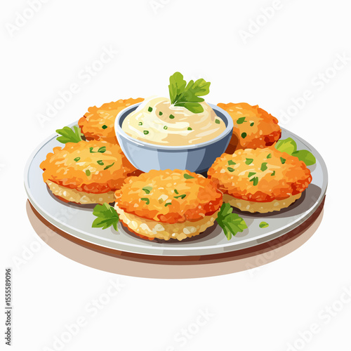 Savory golden-brown fritters served on a plate with a creamy dipping sauce and fresh parsley garnish