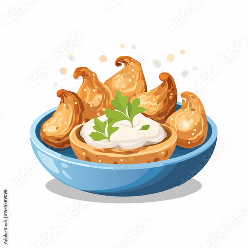 Savory fried dumplings appetizer in a bowl with creamy dipping sauce. A delicious traditional snack illustration.