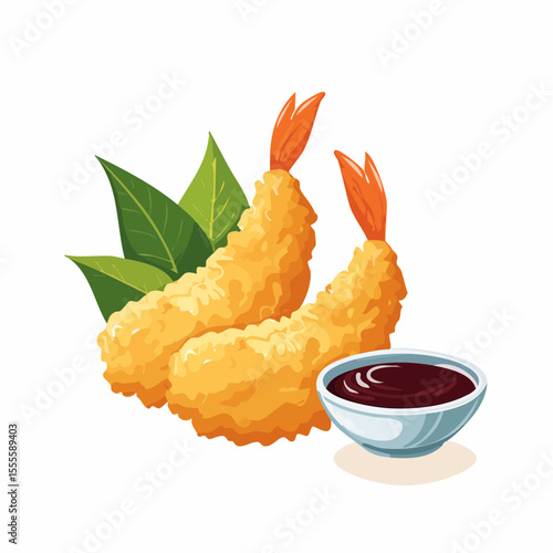 Golden brown shrimp tempura with dipping sauce and green leaves, a popular dish from Japanese cuisine.
