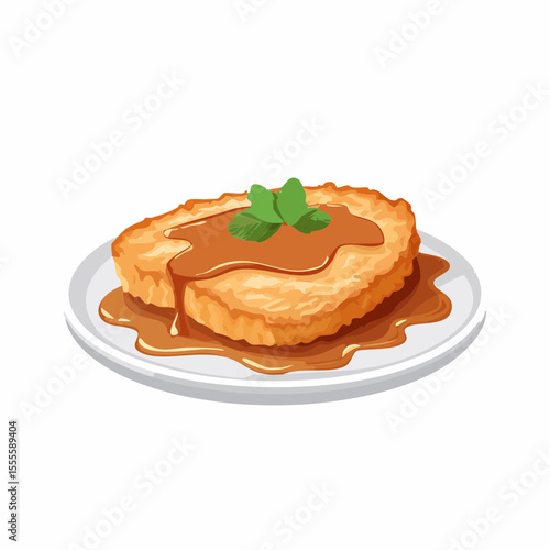 A classic breaded and fried pork cutlet, known as schnitzel, served on a white plate with rich brown gravy and a fresh herb garnish.