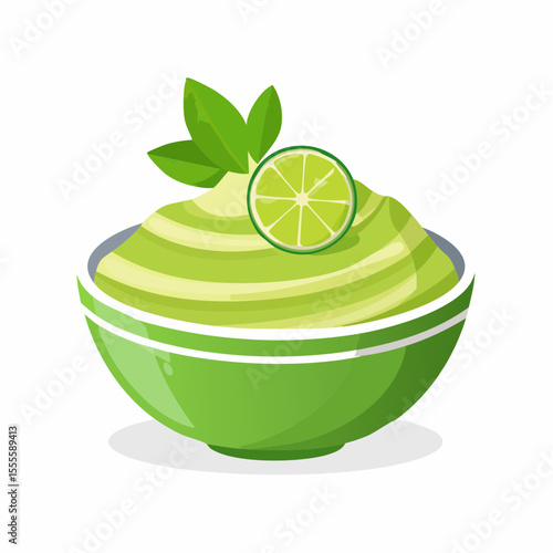 Fresh green lime mousse or dip in a bowl, garnished with a citrus slice and mint leaves. Healthy food concept illustration.