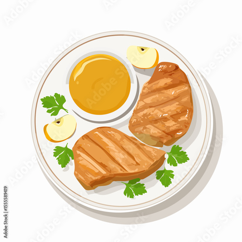 A delicious plate of grilled pork chops served with tangy apple sauce, fresh apple slices, and parsley garnish. An illustration of a gourmet meal.