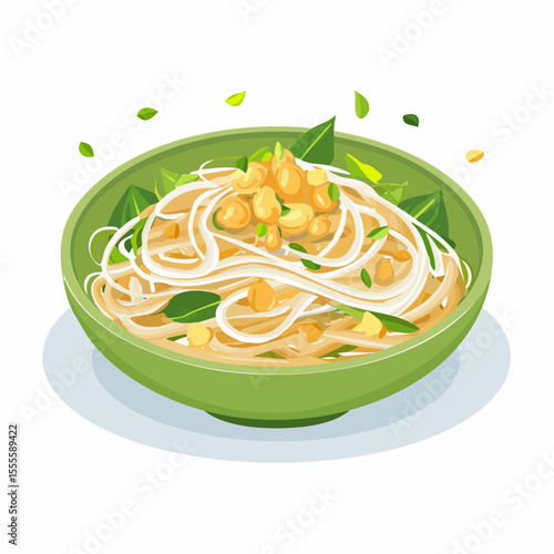 Vector illustration of a fresh Asian noodle dish in a green bowl, topped with peanuts and savory herbs. Healthy cuisine concept.